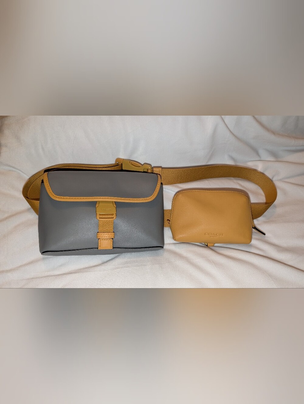 Coach Rider Double Belt Bag Colorblock Leather Gray Flax EUC